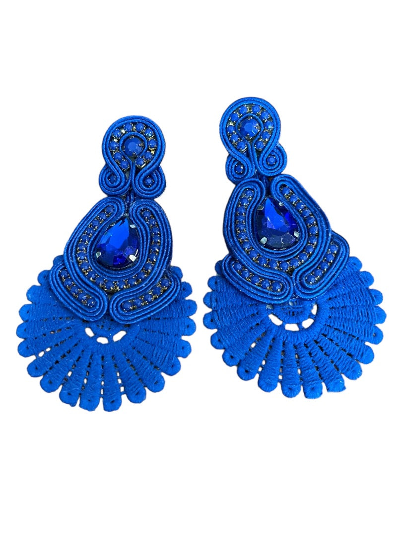 Soutache Post Pierced Statement Flat Ribbon Earrings Royal Blue 3.75"