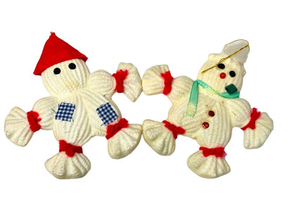 Set of 2 Midcentury Flocked Scarecrow Snowman Ornaments 4.5" Cute