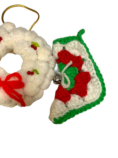 Set of 2 Vintage 1980s Handmade Christmas Holiday Ornaments Stocking Crochet Pom Pom Wreath