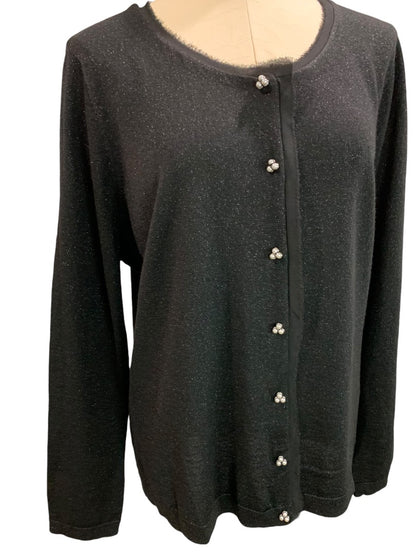 2X Talbots Woman New Black Sparkle Metallic Silver Button Cardigan Lightweight Wool Blend