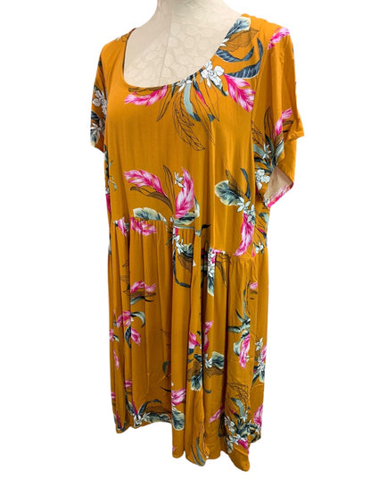 3X Torrid Gold Floral Boho Dress Lightweight Short Sleeve Stretch Rayon