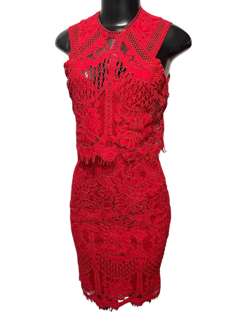 XS Lulus Sweetness Lace Crochet Overlay Sleeveless Fitted Midi Dress Back Zipper Red