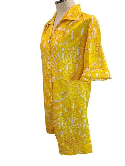 Medium House Dress Vintage 1960s Yellow Print Button Up Polyester