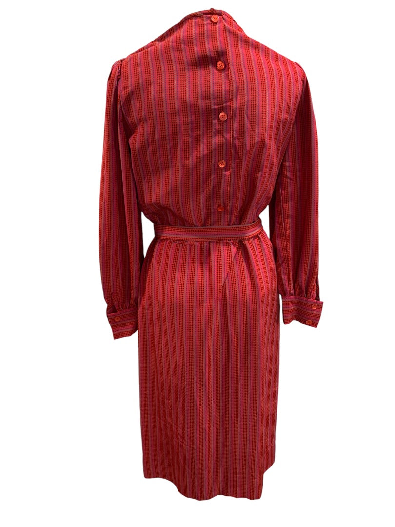 Medium Vintage 1970s Red Micro Print Midi Dress Belted Pleated Pockets