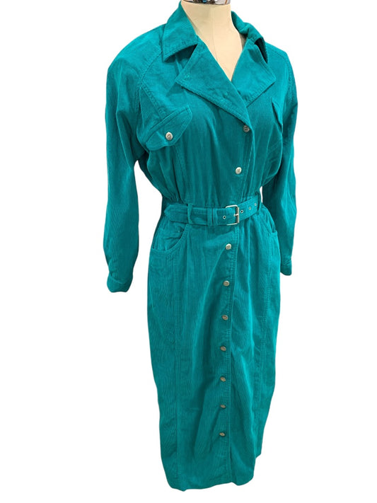 Size 8 Missy QPS Vintage 1980s Teal Corduroy Shirt Dress Retro Pockets