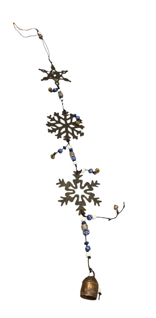 Rustic 3 Metal Snowflakes with Beads  Bells Windchime 24 Length