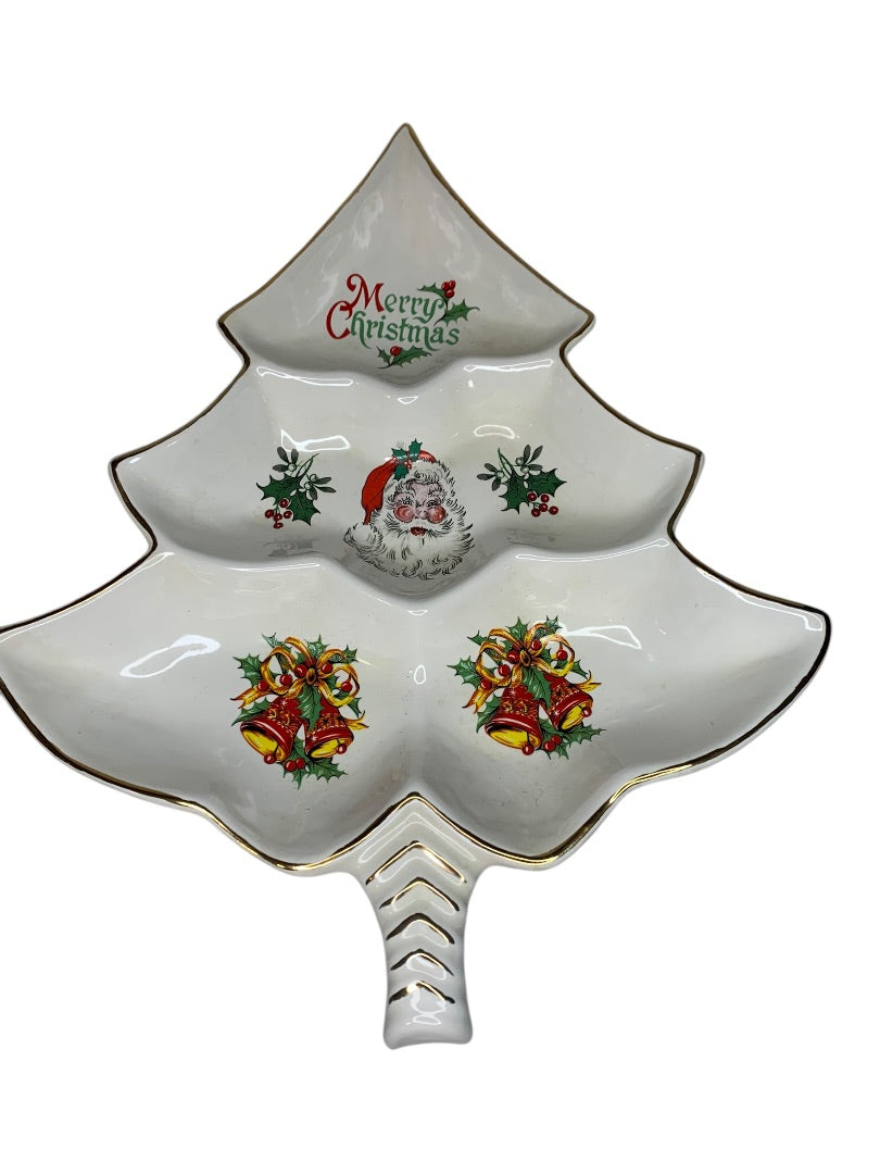 Vintage MCM Holiday Christmas Candy Nut Dish Santa Gold Trim 14 Inch