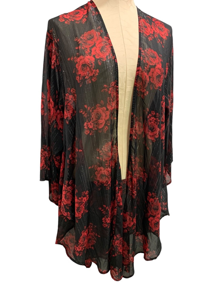 1X/2X Torrid Womens Open Kimono Rose Print Silver Threading