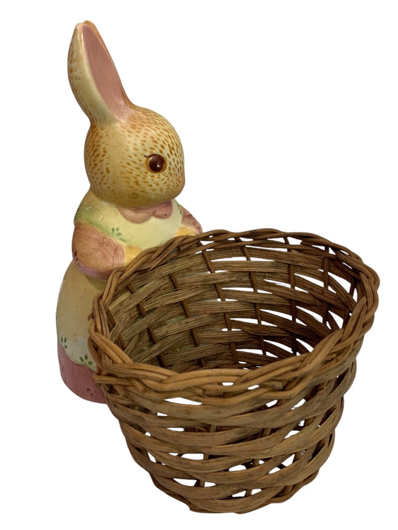 Vintage Holland Floral Ceramic Bunny Figurine with Wicker Basket