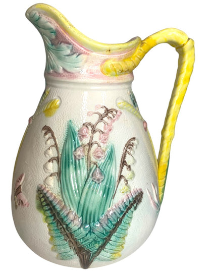 Antique Majolica Pitcher Pastel Butterfly Floral Fern 10.5 Inches