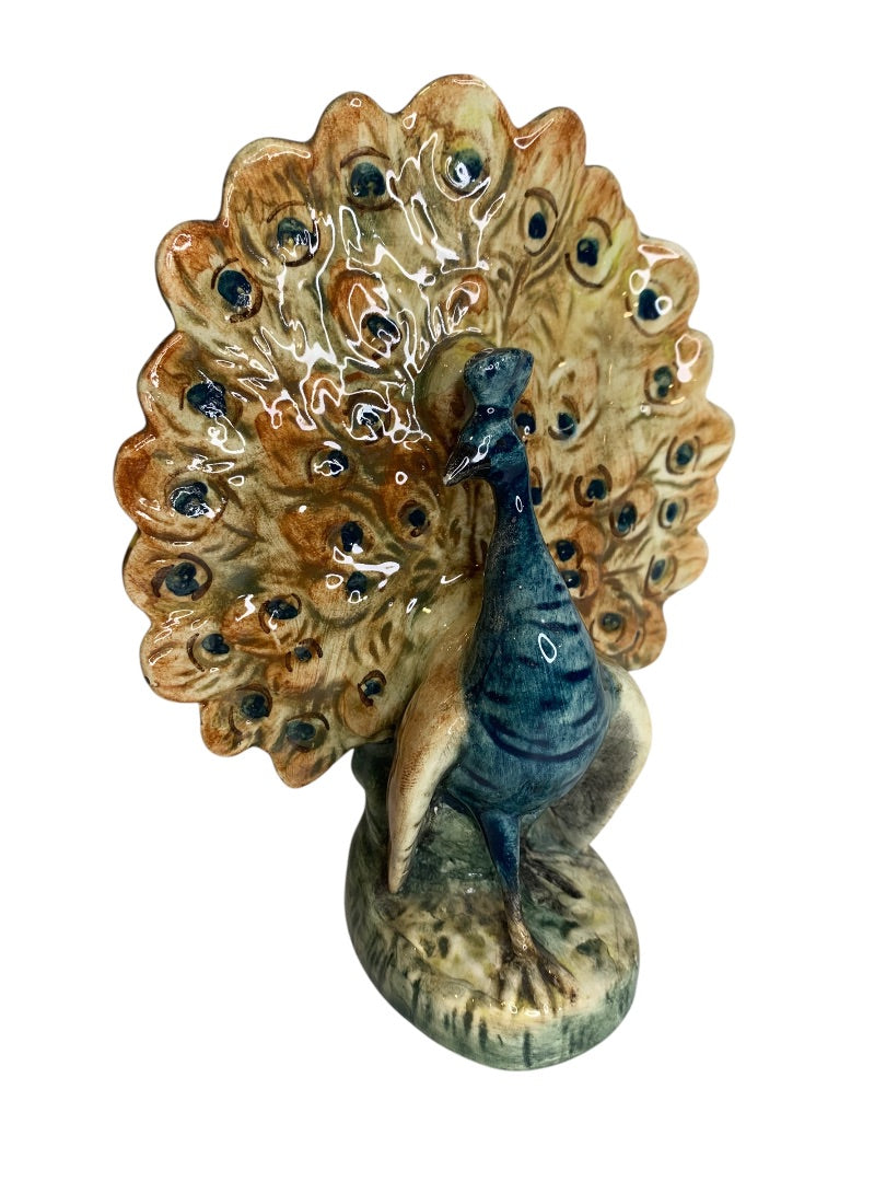 Antique Majolica Peacock Pocket Spill Vase 1900 Czechoslovakia 6 Inch