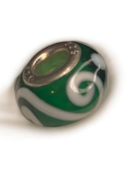 Slide Bead Green White Swirl Glass Charm Sterling Silver 925