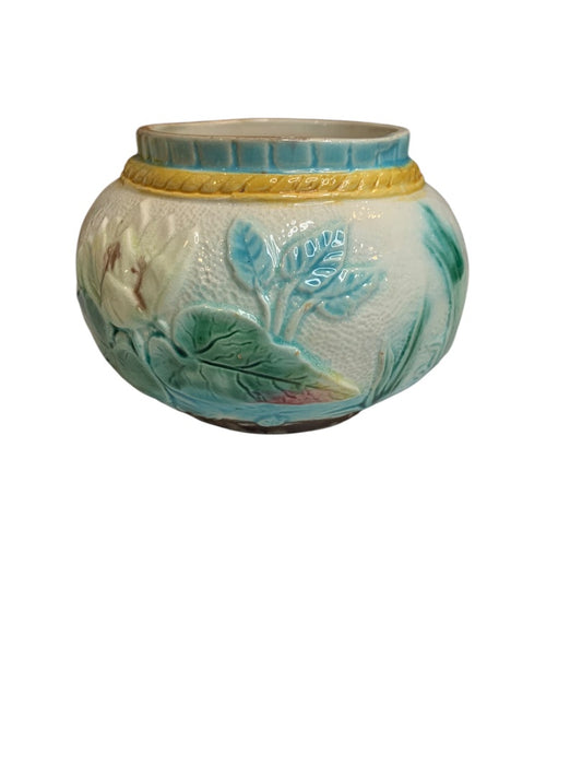 Antique Majolica Water Lily Pond Jar 3.5 Inch High Marked "D"