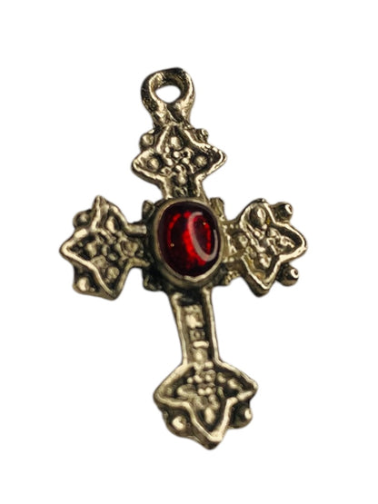 Silvertone Cross Pendant Charm Red Acrylic Inset 1.1 Inch Drop