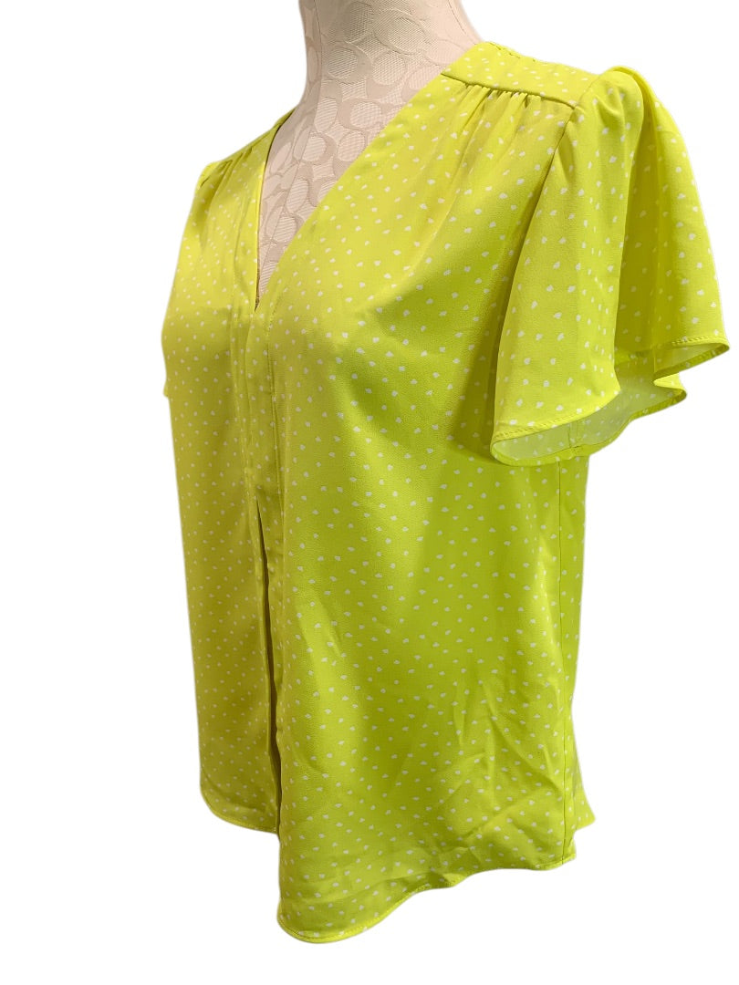 XS Vince Camuto Womens Pullover Chartreuse Dot Shirt Blouse Short Sleeve