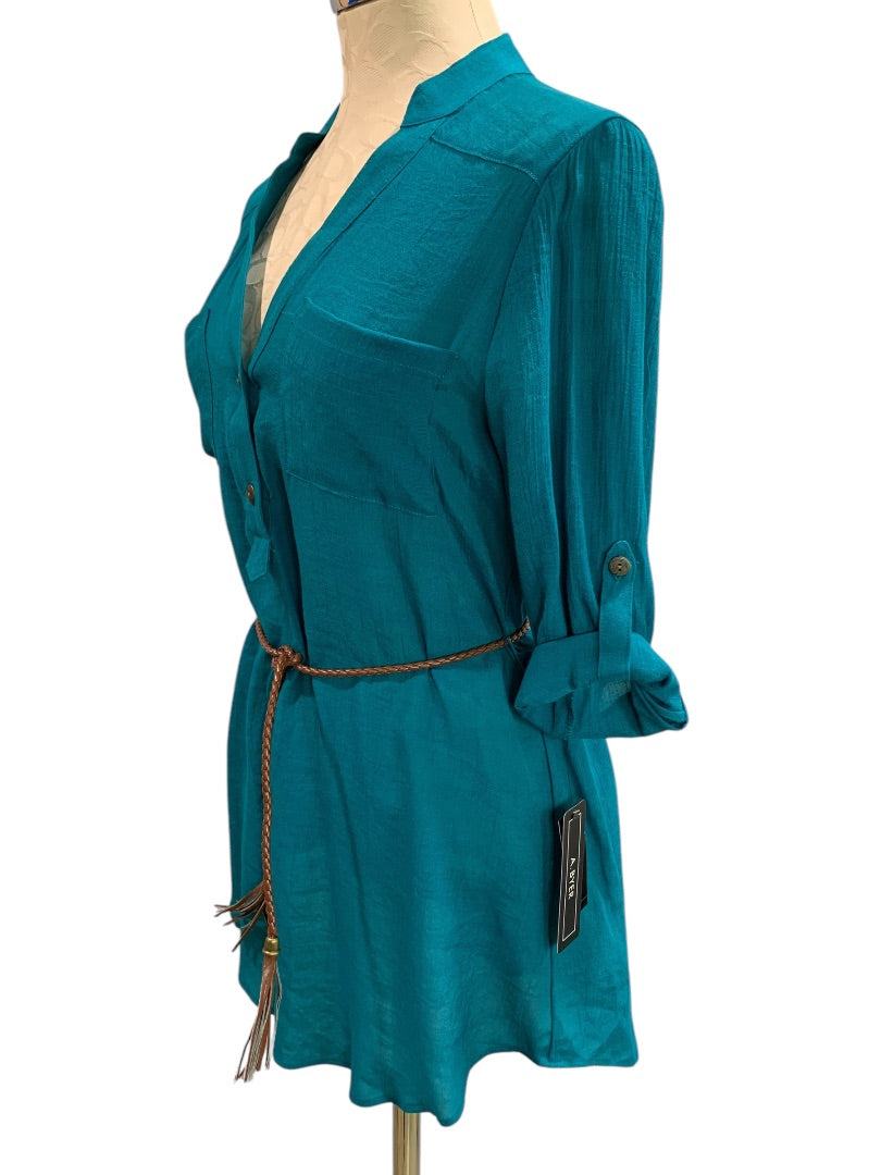 Medium A.Byer Womens New Teal Tunic Blouse Shirt Belted