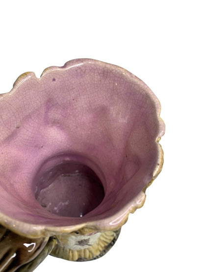Antique Majolica Wheat Pitcher  Pottery 6 Inch Flower Pink