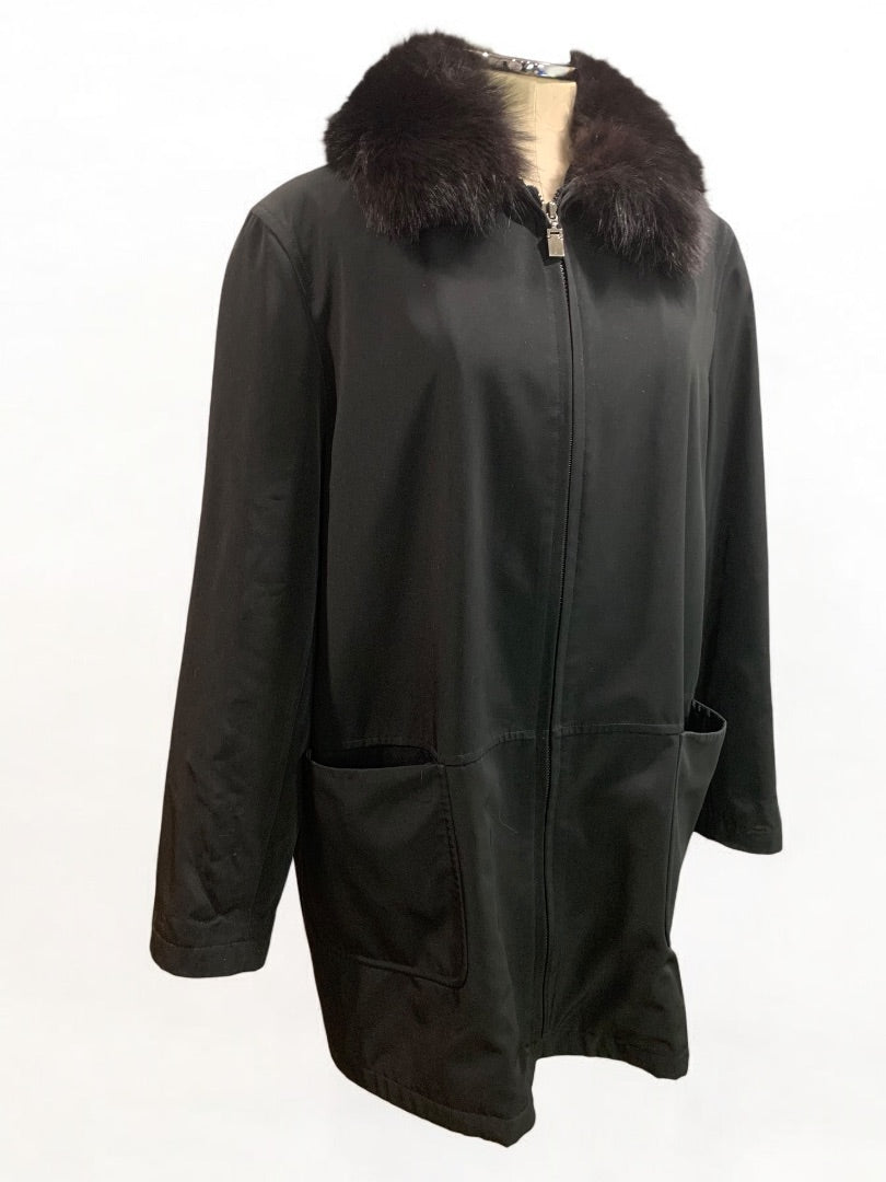 Large Fleet Street Womens Black Zip Up Jacket Fox Fur Removable Collar Water Resistant