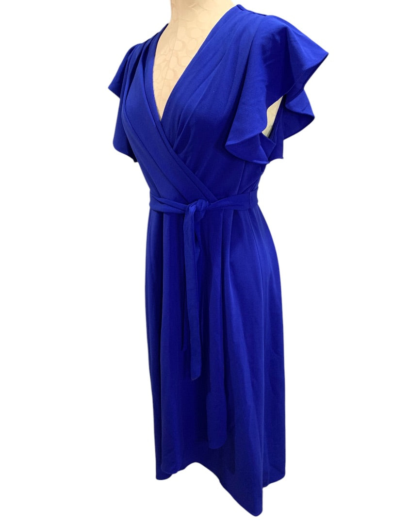 Size 12 DKNY New Flutter Sleeve Faux Wrap Dress Royal Blue