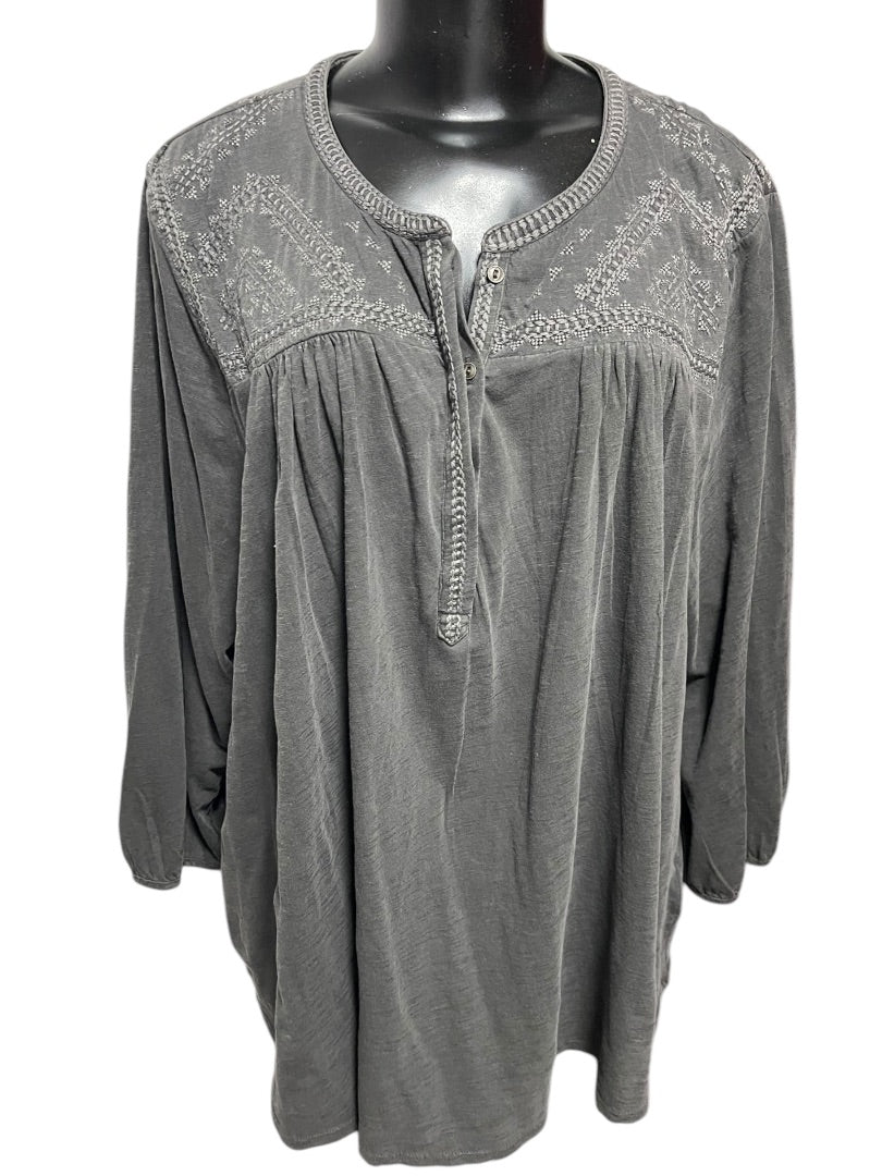 3X Lucky Brand 3/4 Sleeve Embroidered Womens Top Gray NWT