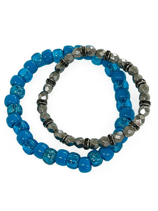 Set of 2 Acrylic Stretch Bracelets Silvertone Teal Sparkly