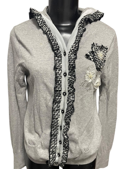 Large Charlotte Womens Gray Cardigan Sweater Hooded Cotton Rosettes