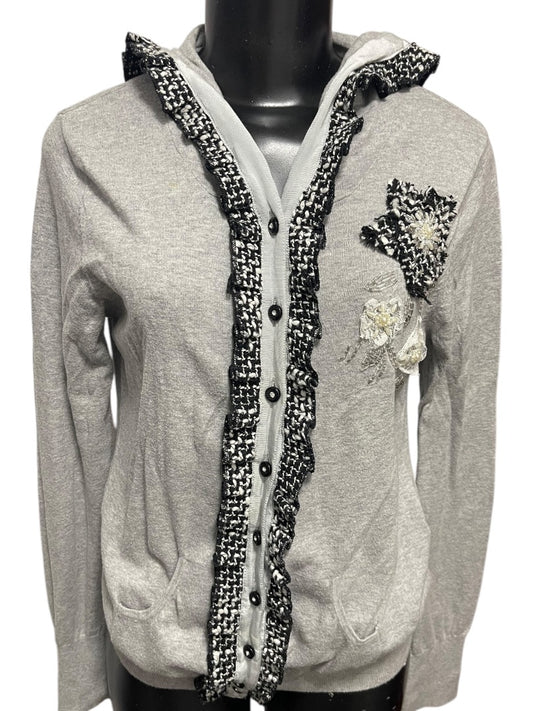 Large Charlotte Womens Gray Cardigan Sweater Hooded Cotton Rosettes