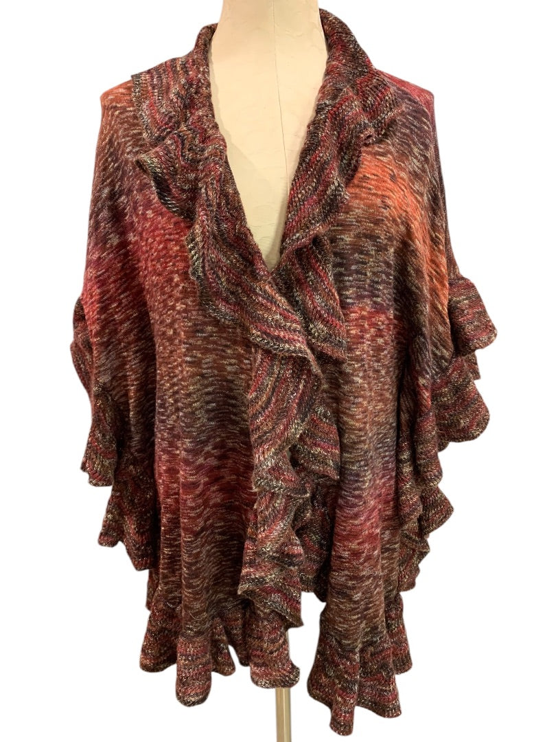 Small Medium Chicos Ruffle Knit Ruana Multi Color Open Cardigan Sweater