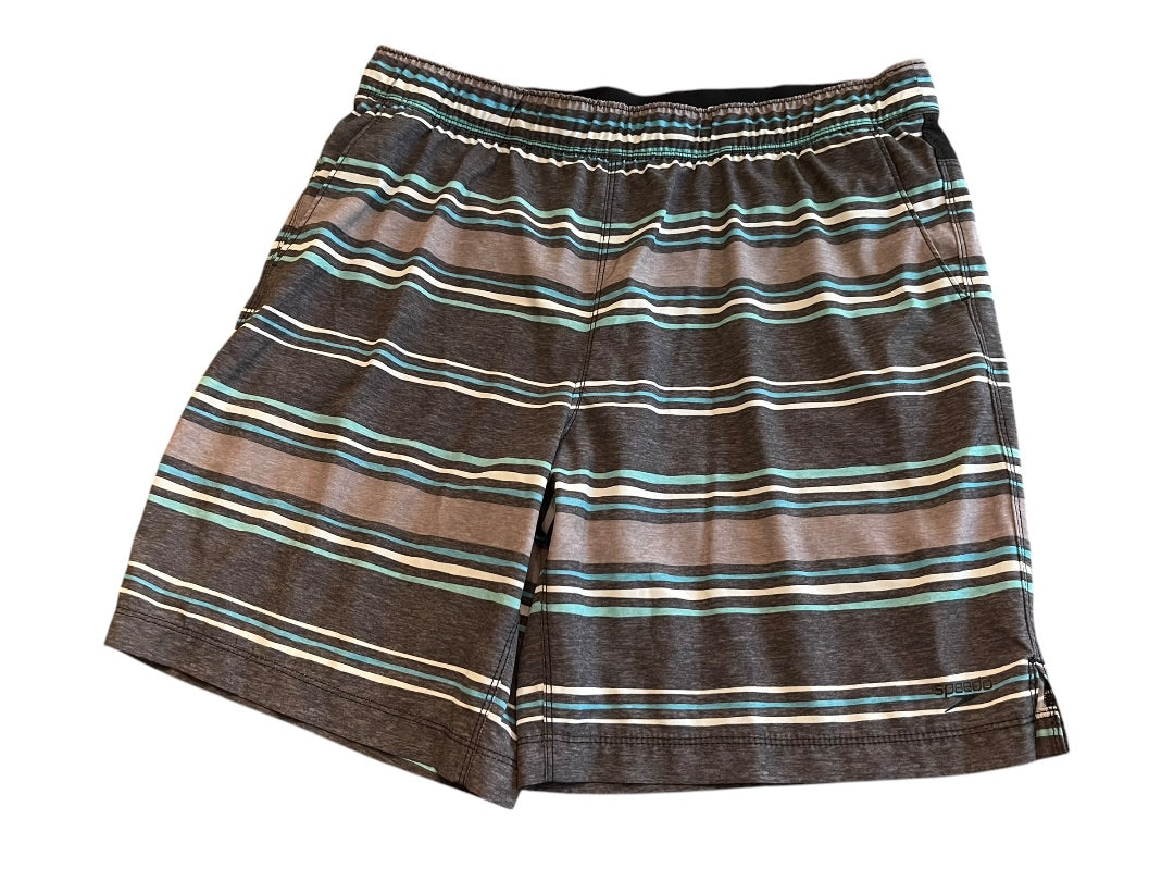 Large Speedo Striped Board Shorts Drawstring Gray Blue Mens Swim