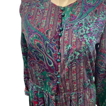 Size 14 Schrader Womens 1980s Polyester Dress Shoulder Pads Pleated Green Purple