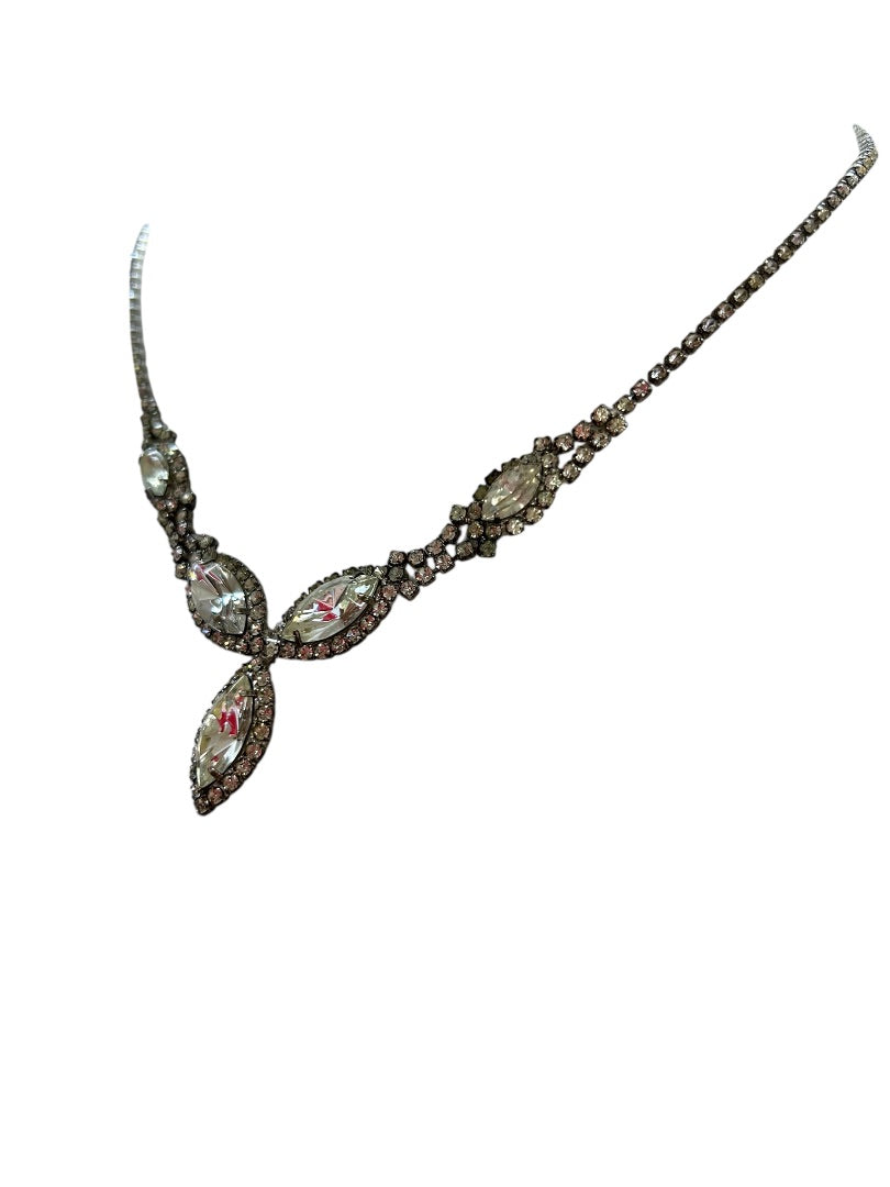 Vintage Rhinestone Necklace Silvertone 16 Inch Foldover Clasp 1.5" Drop