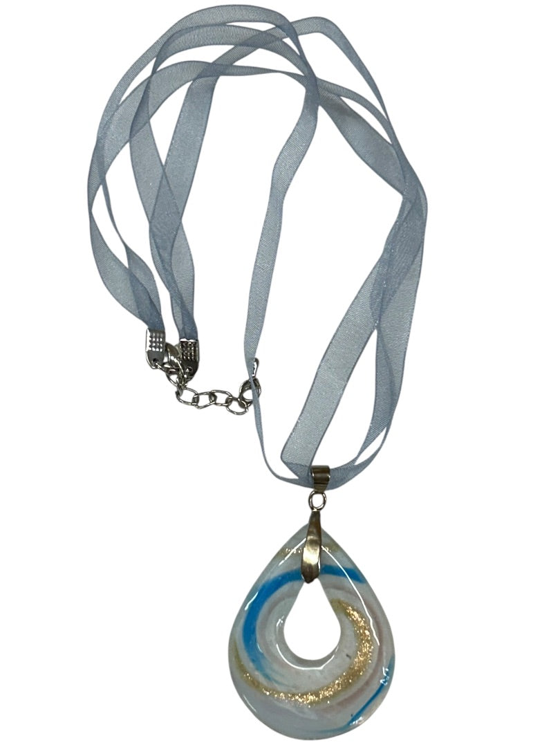 Ribbon and Glass Pendant Necklace Blue 18-20 Inch Lobster Clasp