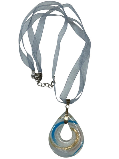 Ribbon and Glass Pendant Necklace Blue 18-20 Inch Lobster Clasp