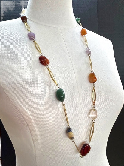 Goldtone and Assorted Stone Necklace 32 Inch Overhead No Clasp