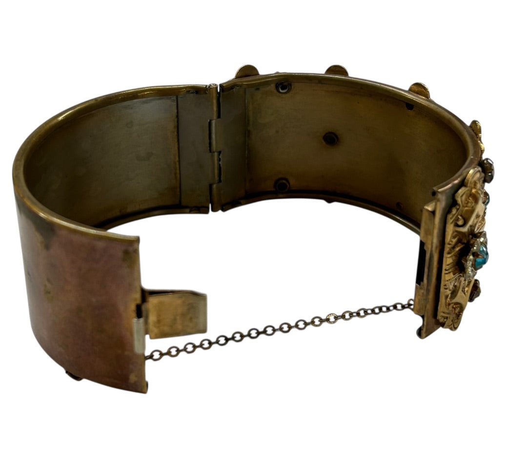 Vintage Cuff Bangle Bracelet Hinged Aquamarine Ornate