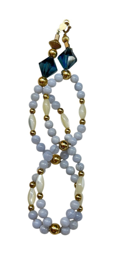 Blue Goldtone Shaped Beaded Bracelet 8.5 Inch Spring Clasp