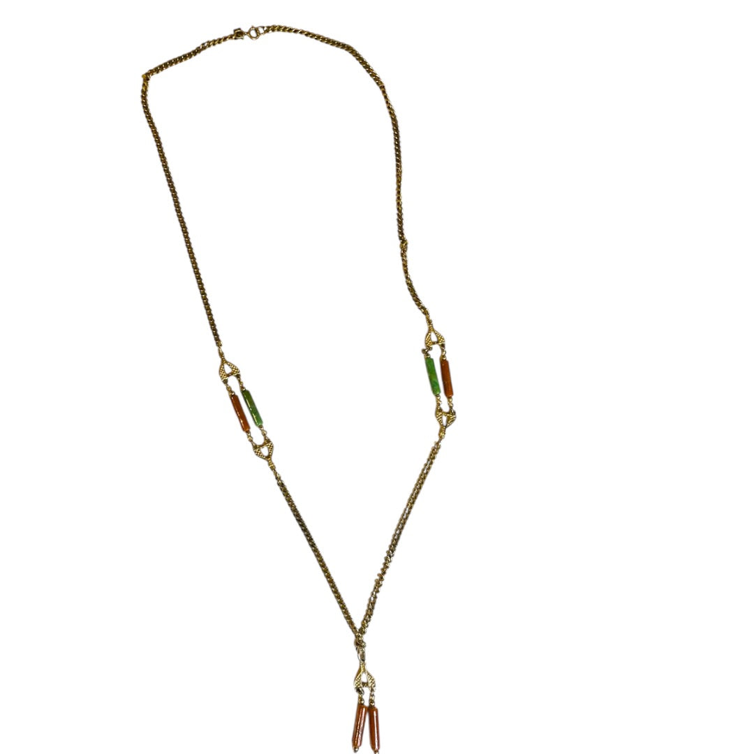 Vintage Emmons Long Tassel Necklace Goldtone Green Orange Acrylic Beads 36 Inch