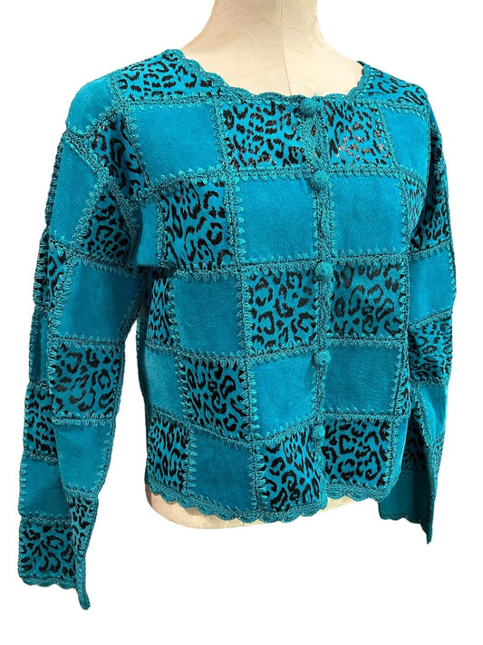 Small SMH Boutique Womens Teal Suede Patchwork Jacket Vintage