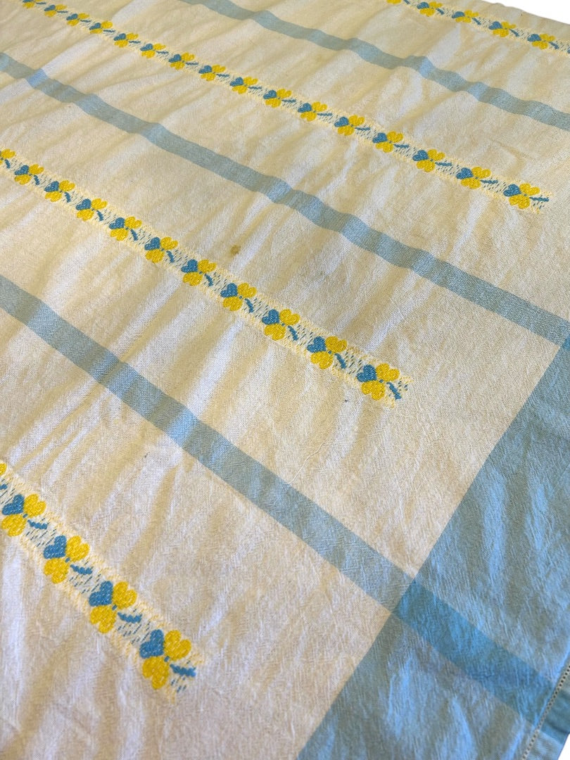 Vintage Tablecloth Linen Blue Yellow Embroidered 48 x 66 Inch Table Linen