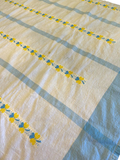Vintage Tablecloth Linen Blue Yellow Embroidered 48 x 66 Inch Table Linen