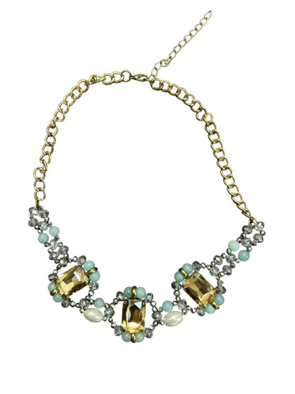 Goldtone Blue Statement Necklace 16-18 Inch Lobster Clasp Faux Pearl