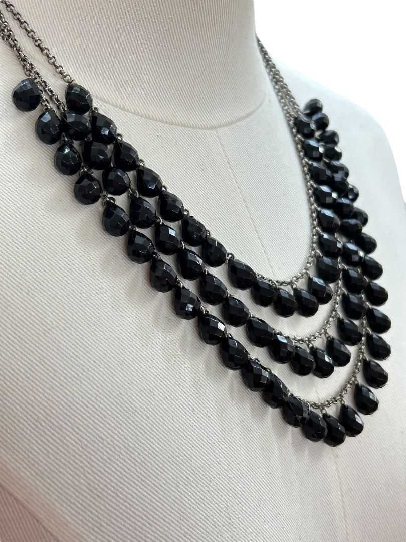 Black and Silvertone 3 Strand Tiered Necklace 20-22 Inch 2.5" Drop