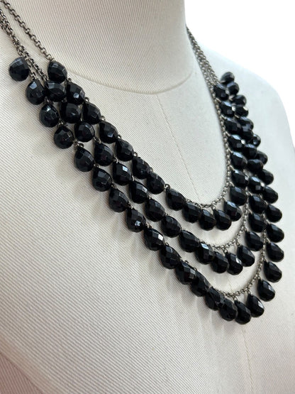 Black and Silvertone 3 Strand Tiered Necklace 20-22 Inch 2.5" Drop