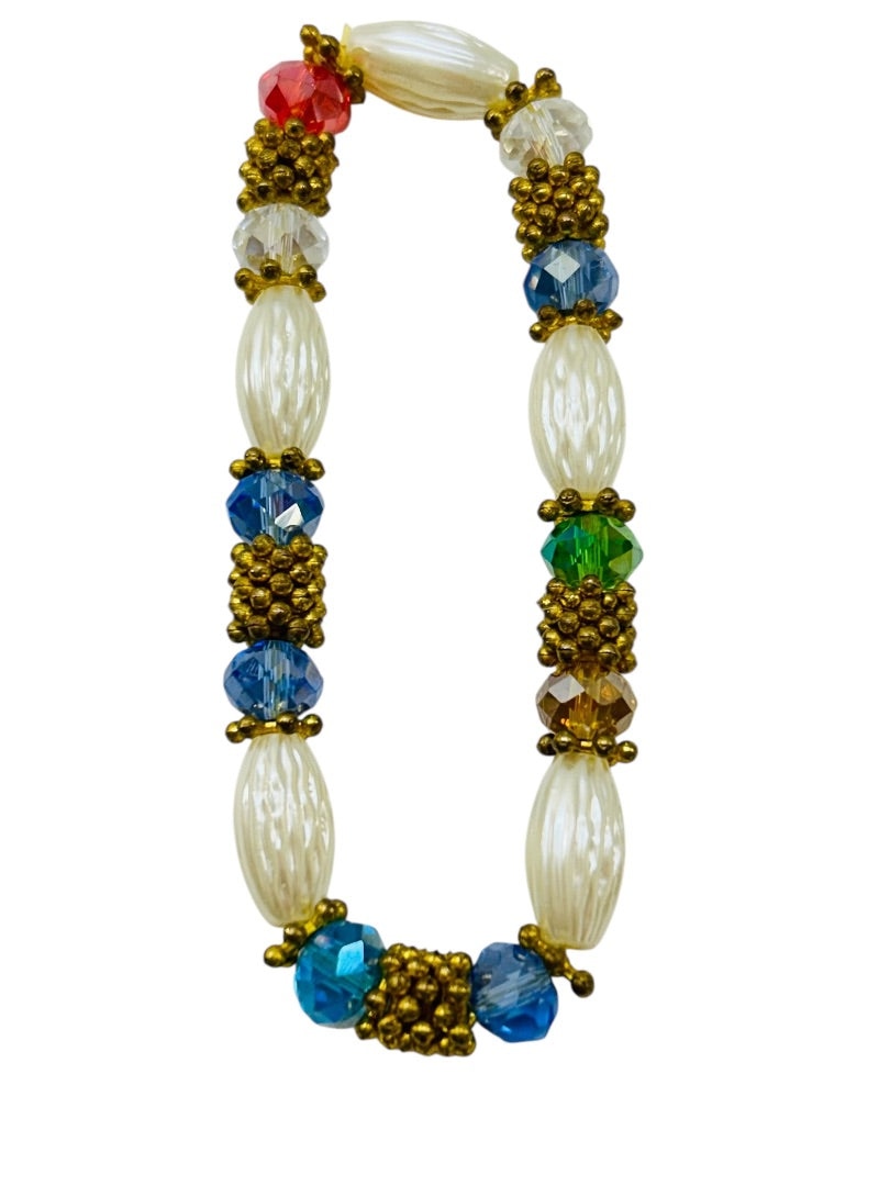 Stretch Bracelet Multi-Color Goldtone Beads Stretchy Retro Look