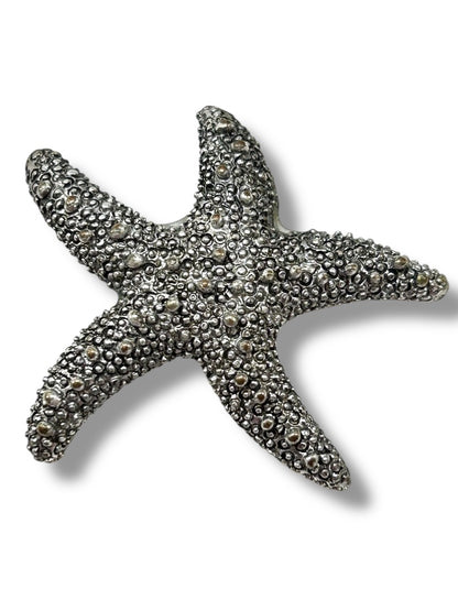 Silvertone Textured Starfish Pendant Statement 2 Inch Beachy Coastal