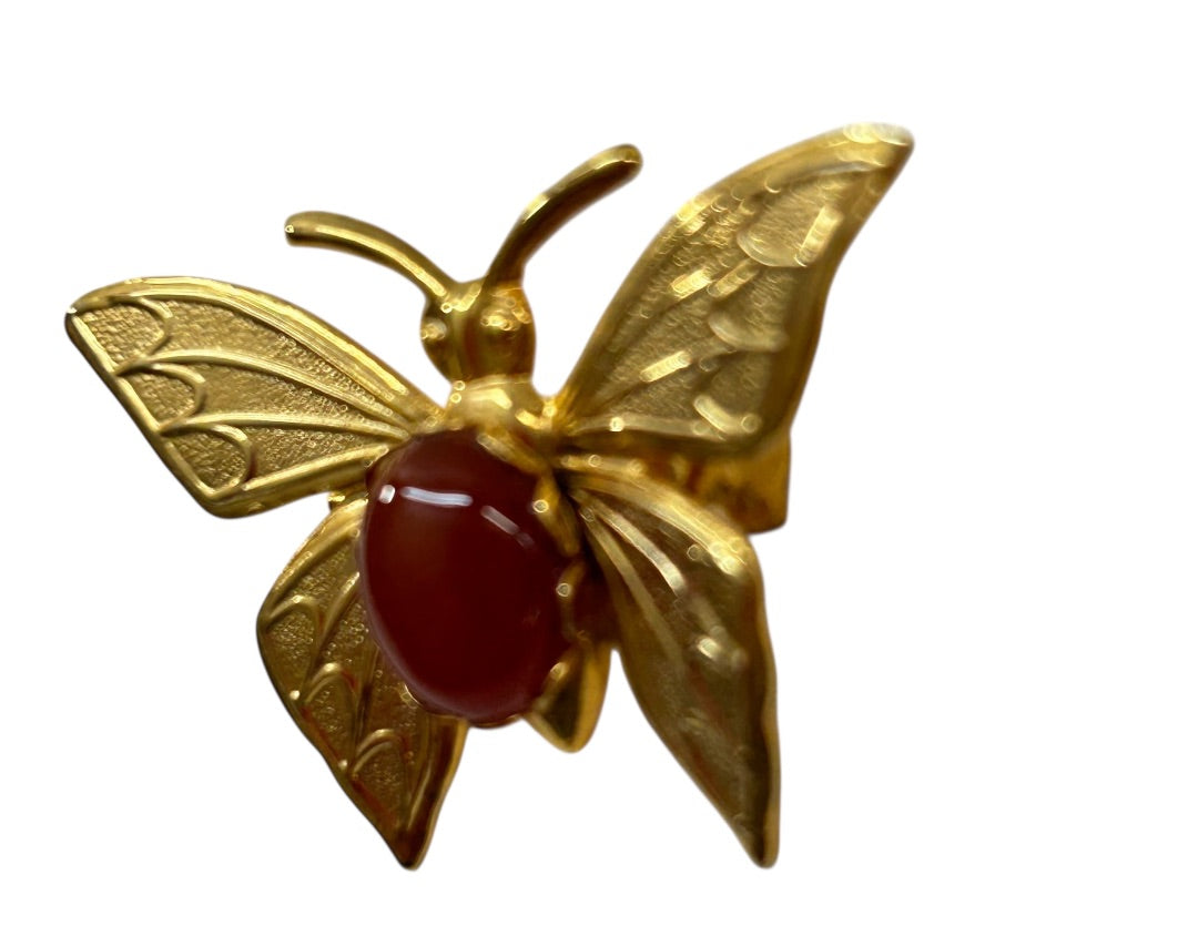Vintage Goldtone Butterfly Brooch Pin Cabochon Stone 1.5 Inch
