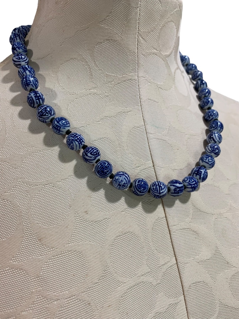 Vintage Asian Ceramic Beaded Hand Knotted Necklace 21 Inch Fish Hook Clasp