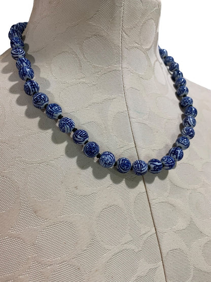 Vintage Asian Ceramic Beaded Hand Knotted Necklace 21 Inch Fish Hook Clasp