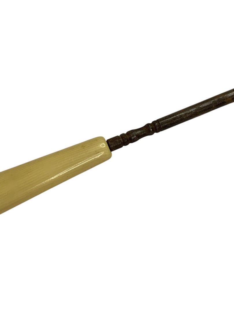 Vintage Enamel Button Hook Antique Boot Glove Fastener Yellow Handle 7 Inch