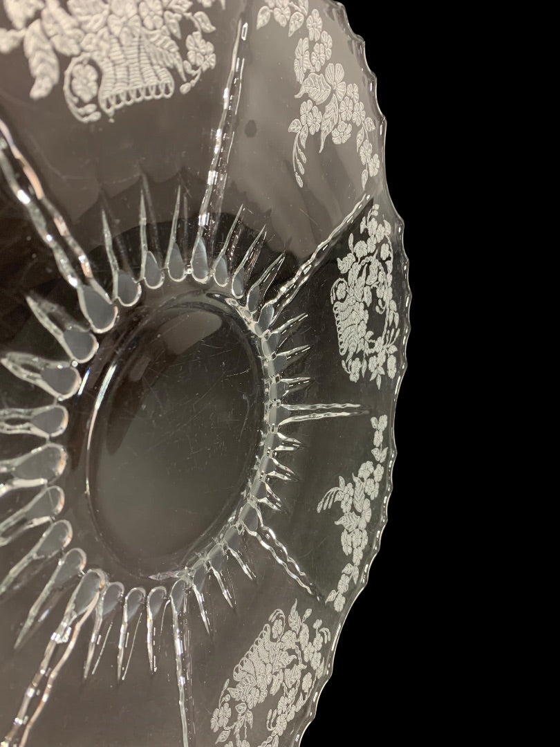 New Martinsville Flower Basket Clear Glass Etched Vintage Platter 12 Inch